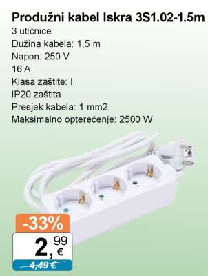 Produžni kabel Iskra 3S1.02-1.5m
