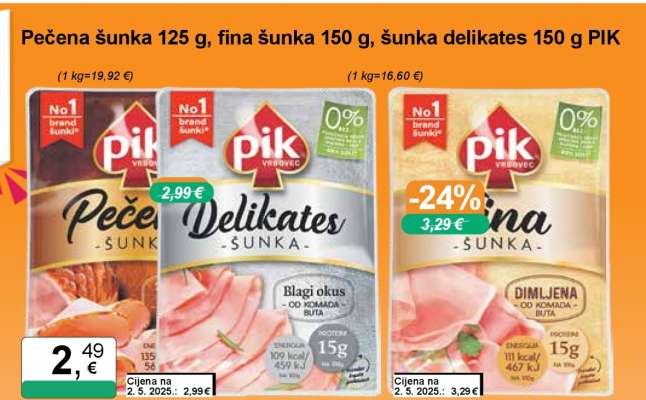 Pečena šunka 125 g, fina šunka 150 g, šunka delikates 150 g PIK