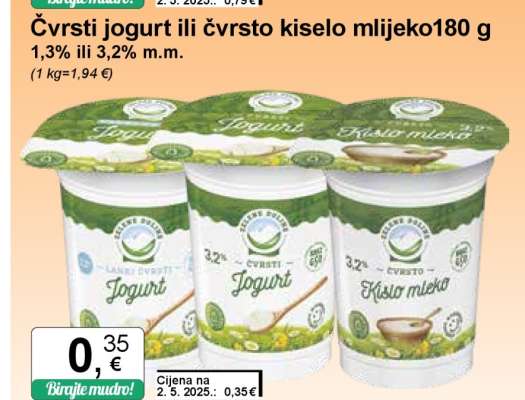 Čvrsti jogurt ili čvrsto kiselo mlijeko 180 g