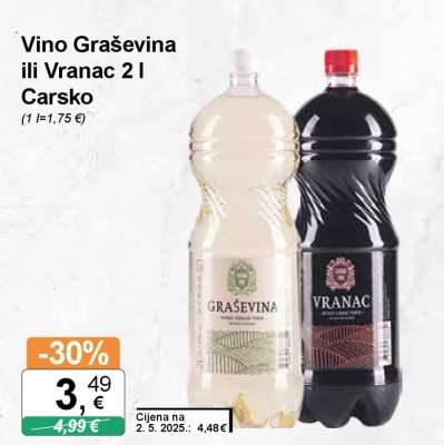Vino Graševina ili Vranac 2 l Carsko