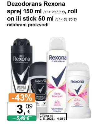 Dezodorans Rexona sprej 150 ml, roll on ili stick 50 ml