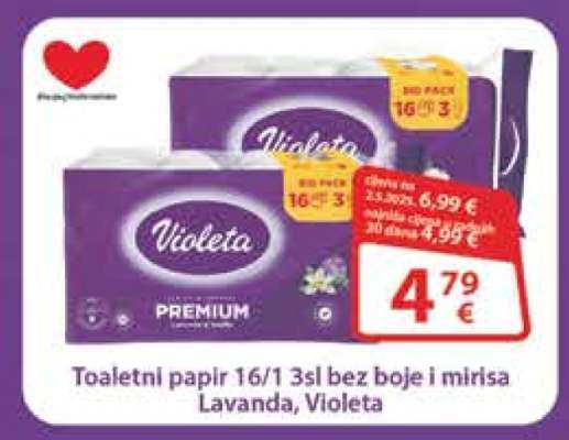 Toaletni papir 16/1 3sl bez boje i mirisa Lavanda, Violeta