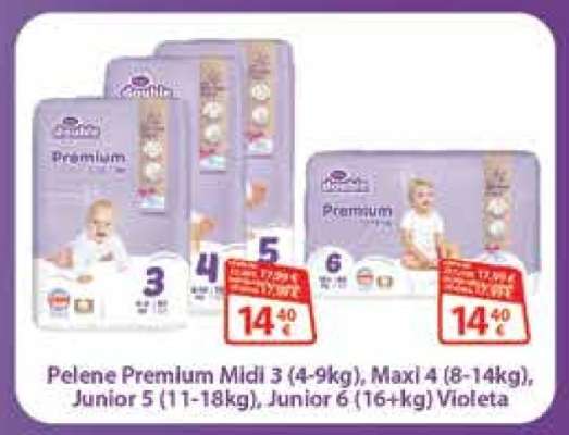 Pelene Premium Midi 3 (4-9kg), Maxi 4 (8-14kg), Junior 5 (11-18kg), Junior 6 (16+kg) Violeta