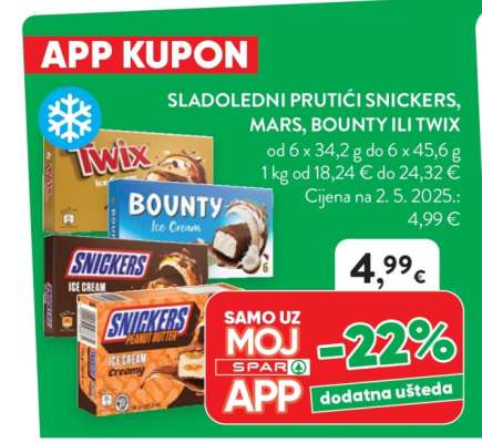 SLADOLEDNI PRUTIĆI SNICKERS, MARS, BOUNTY ILI TWIX
