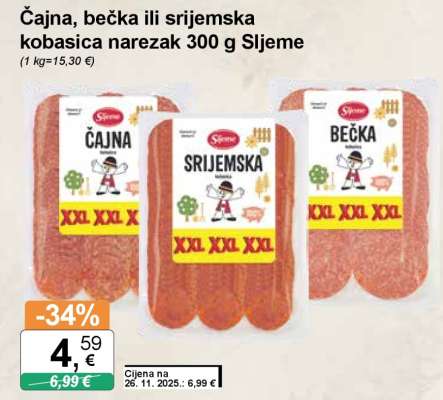 Čajna, bečka ili srijemska kobasica narezak 300 g Sljeme
