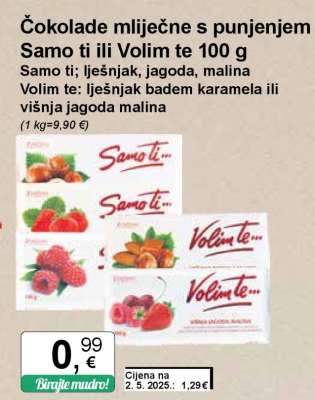 Čokolade mliječne s punjenjem Samo ti ili Volim te 100 g