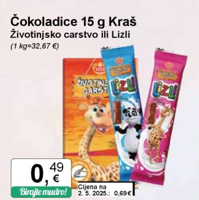 Čokoladice 15 g Kraš Životinjsko carstvo ili Lizli