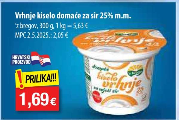 Vrhnje kiselo domaće za sir 25% m.m.