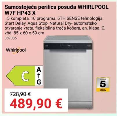 Samostojeća perilica posuđa WHIRLPOOL W7F HP43 X