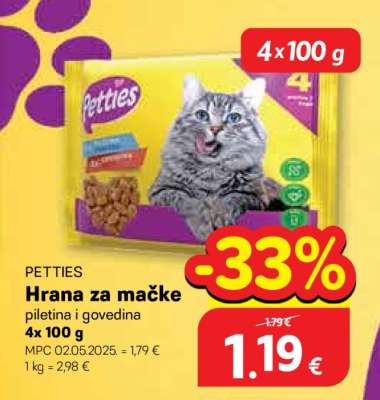 PETTIES Hrana za mačke piletina i govedina 4x 100 g