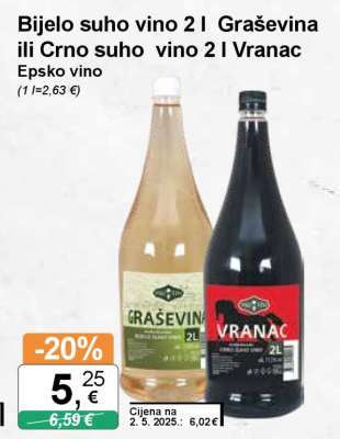 Bijelo suho vino 2 l Graševina ili Crno suho vino 2 l Vranac