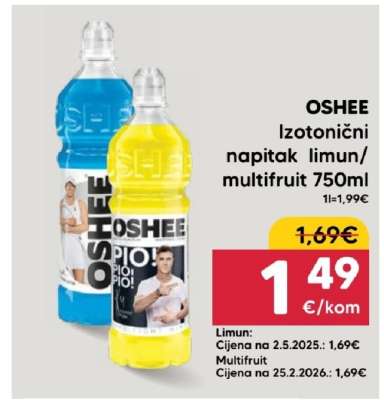 OSHEE Izotonični napitak limun/multifruit 750ml