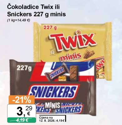 Čokoladice Twix ili Snickers 227 g minis