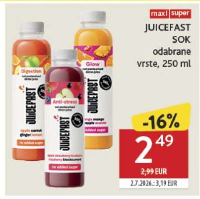 JUICEFAST SOK odabrane vrste, 250 ml