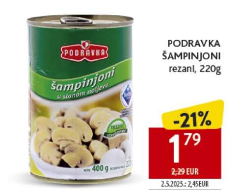 PODRAVKA ŠAMPINJONI rezani, 220g