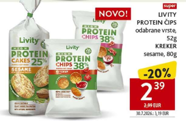 LIVITY PROTEIN ČIPS odabrane vrste, 52g KREKER sesame, 80g