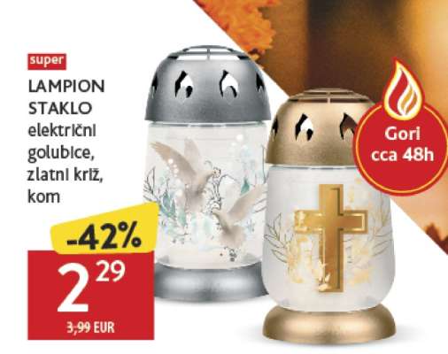 LAMPION STAKLO električni golubice, zlatni križ, kom