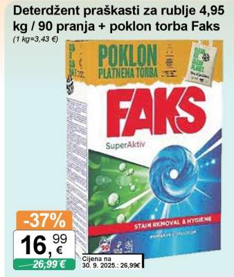 Deterdžent praškasti za rublje 4,95 kg / 90 pranja + poklon torba Faks