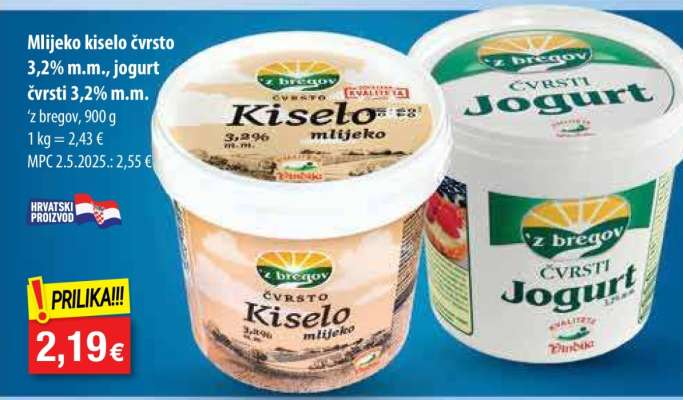 Mlijeko kiselo čvrsto 3,2% m.m., Jogurt čvrsti 3,2% m.m.