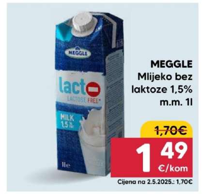 MEGGLE Mlijeko bez laktoze 1,5% m.m. 1l
