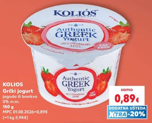 KOLIOS Grčki jogurt jagoda ili breskva 0% m.m.