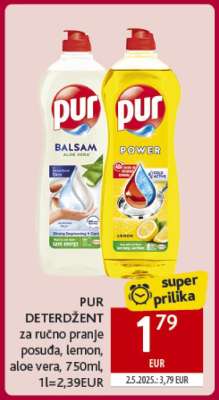 PUR DETERDŽENT za ručno pranje posuda, lemon, aloe vera, 750ml