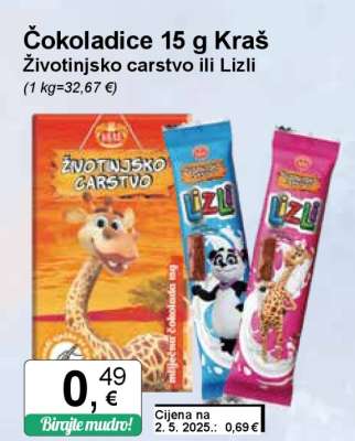 Čokoladice 15 g Kraš Životinjsko carstvo ili Lizli