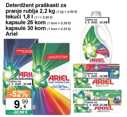 Deterdžent praškasti za pranje rublja 2,2 kg tekući 1,8 l kapsule 26 kom kapsule 30 kom Ariel