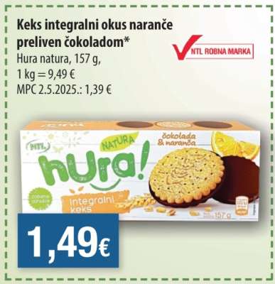 Keks integralni okus naranče preliven čokoladom