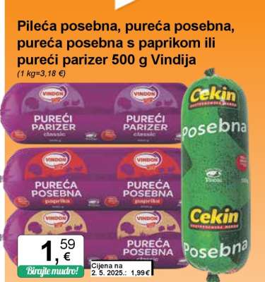 Pileća posebna, pureća posebna, pureća posebna s paprikom ili pureći parizer 500 g Vindija