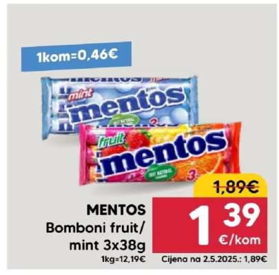 MENTOS Bomboni fruit/mint 3x38g