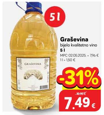 Graševina bijelo kvalitetno vino 5 L