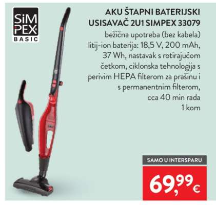 Aku štapni baterijski usisavač 2u1 SIMPEX 33079